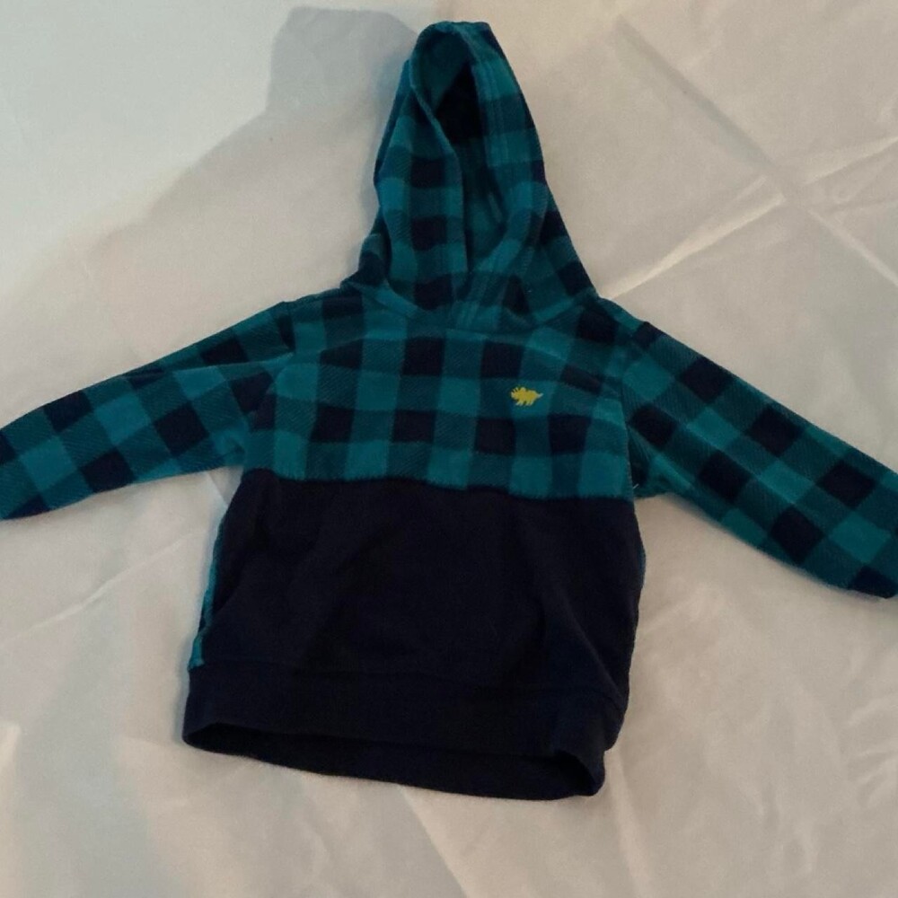 Blue and black plaid hoodie with a yellow dinosaur graphic #dinosaur #plaid